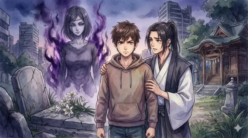 母・香織の死や兄弟である脹相との絆など虎杖悠仁の出自の謎を解説する墓前のQ&Aシーン