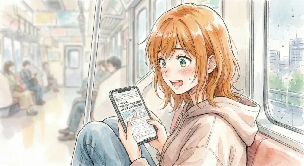 中部ブロック大会でのいのりのムキムキ発言や加護さんのパン騒動を電車内でスマホで読む女性