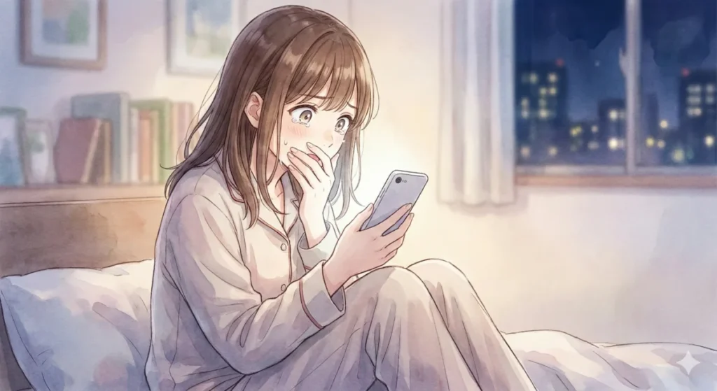 光の不在やロシア遠征、実力差の絶望に衝撃を受け、夜の自室で涙を浮かべながら記事を読む女性