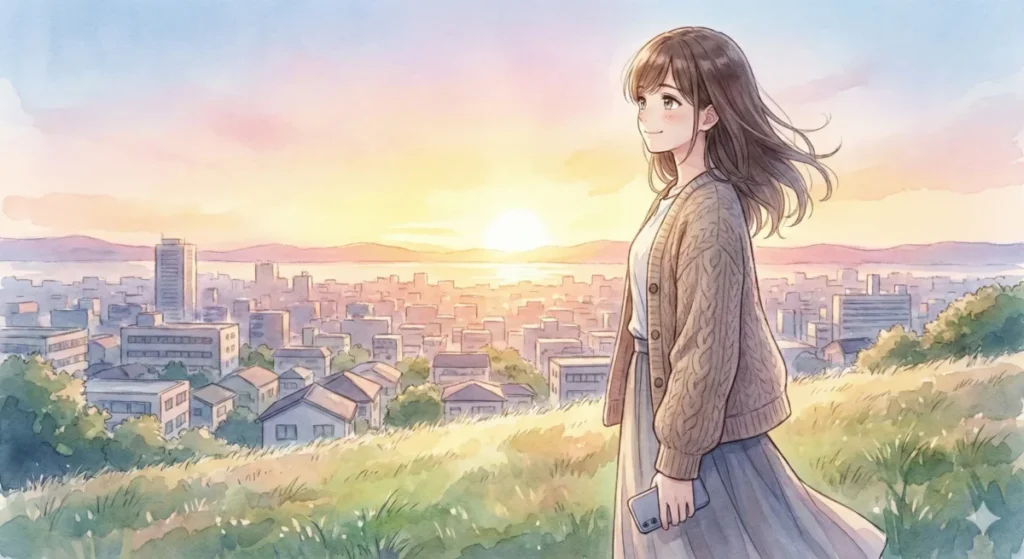 ノービスAの熾烈な戦いの開幕と次回の放送時間変更のまとめを、夕暮れの丘で清々しく読み終えた女性