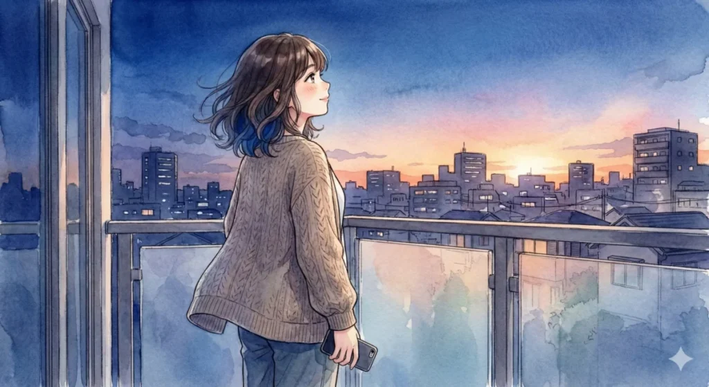 逆境がいのりをメダリストへ進化させる物語の結末を読み終え、夜のベランダで余韻に浸る女の子