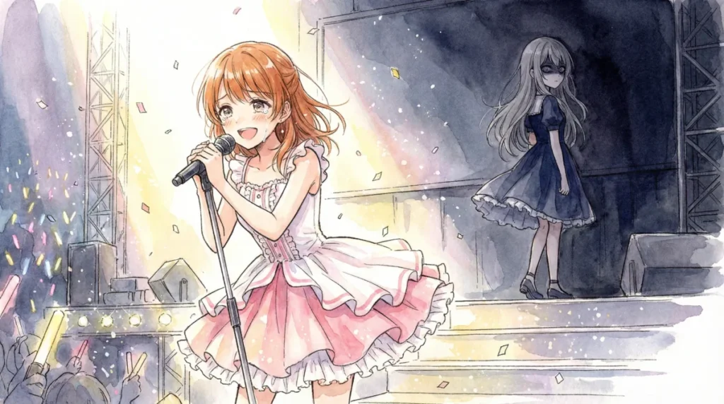 新曲Bのリベンジをセンターで熱唱する有馬かなと背後の闇に佇むダークルビーの対比