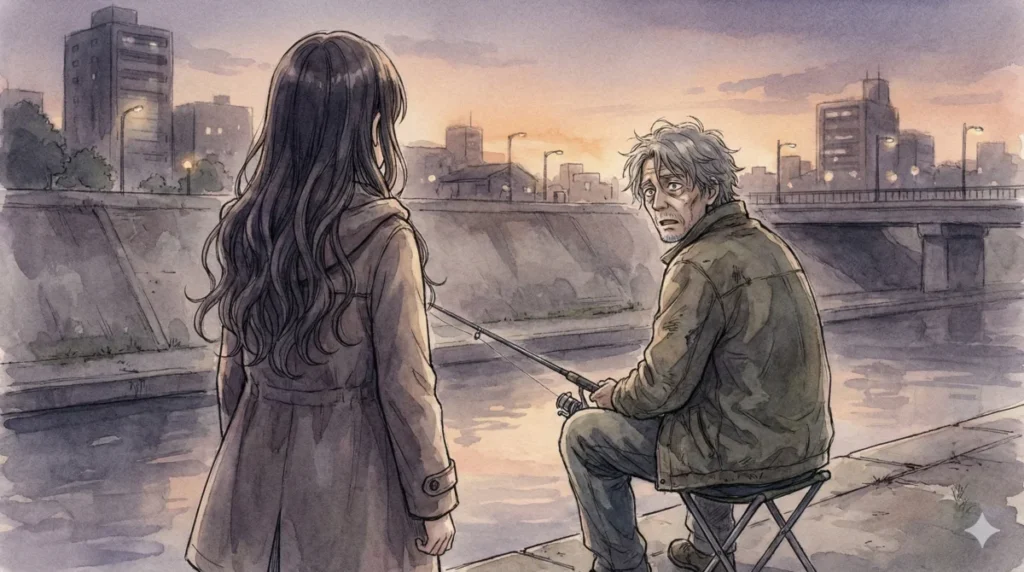 川辺で再会した失踪中の元社長・斉藤壱護に復讐の協力者として声をかける闇堕ちルビー