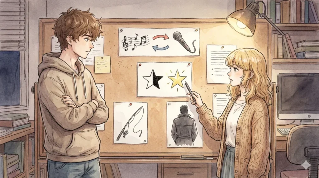 ボードを使い3期1話の楽曲構成や壱護の正体とルビーの変貌理由を解説するQ&Aイラスト