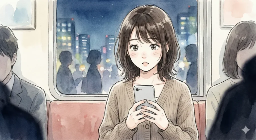 漆原DのパワハラとAD吉住の過酷な労働環境に驚き、電車内でスマホを凝視する女性のシーン