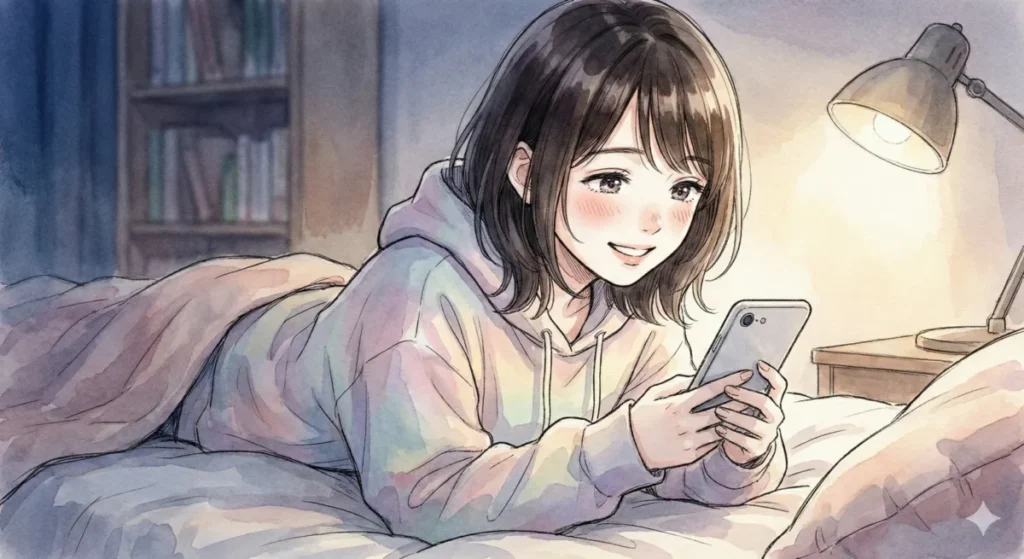 新キャラ吉住未実の可愛さとVTuberの正体に癒やされ、自室のベッドでスマホを見つめて微笑む女性