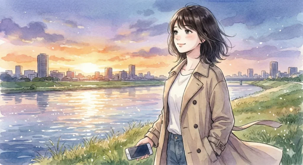 地獄と天国が入り混じる26話のまとめを読み終え、夕暮れの河川敷でスマホを手に余韻に浸る女性