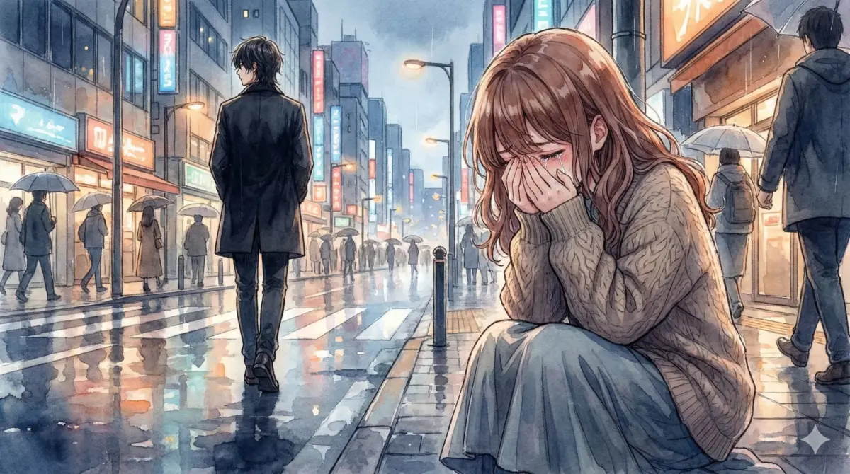 雨の夜の街角で立ち去るアクアの背中と道端で顔を覆い泣き崩れる有馬かなの悲痛な対比