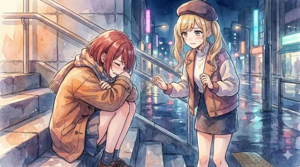 雨の階段で膝を抱えて号泣する有馬かなを心配そうに見つめ慰めようとするMEMちょの姿