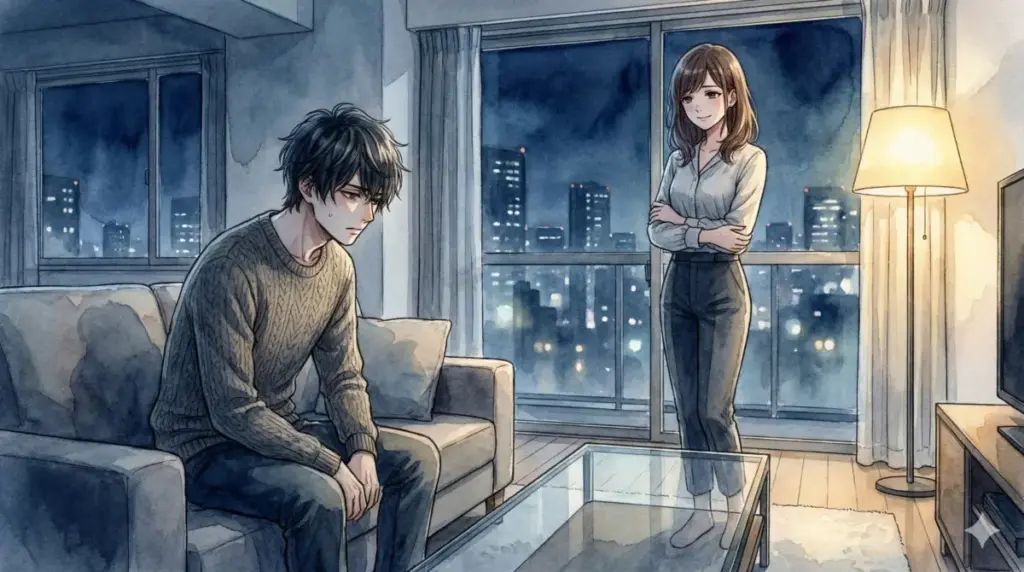 夜景を背に立つ黒川あかねとソファーで沈み込みかなへの未練と葛藤を抱えるアクアの共依存