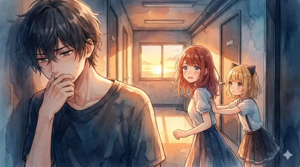 夕暮れの廊下で泣きながら去るあかねと困惑するMEMちょ、そして苦悶の表情を浮かべるアクア