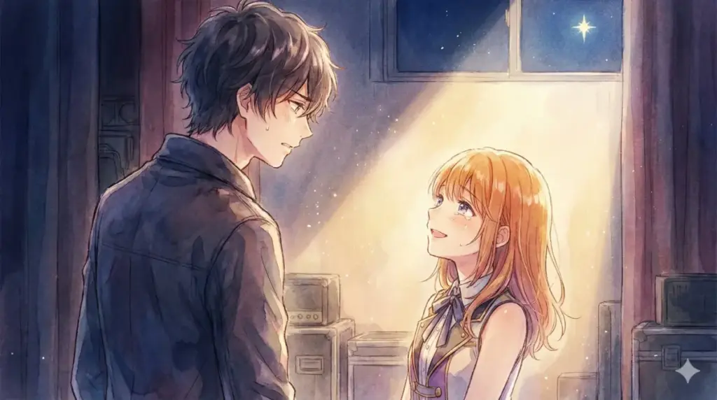 舞台裏の光の中で涙を浮かべ微笑む有馬かなと彼女を眩しそうに見つめるアクアの和解の瞬間