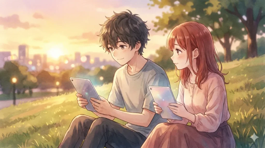 第30話や第38話の恋の伏線シーンを夕暮れの公園でペアが共有しながら視聴する情景