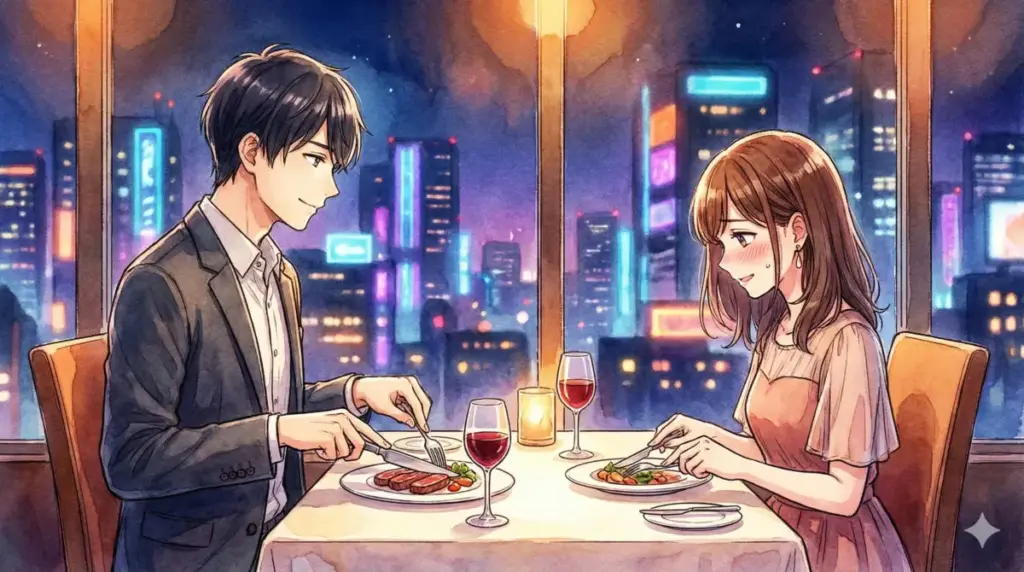 高級店で焼肉デートを楽しみ赤面する有馬かなとスマートにエスコートするアクアの親密な時