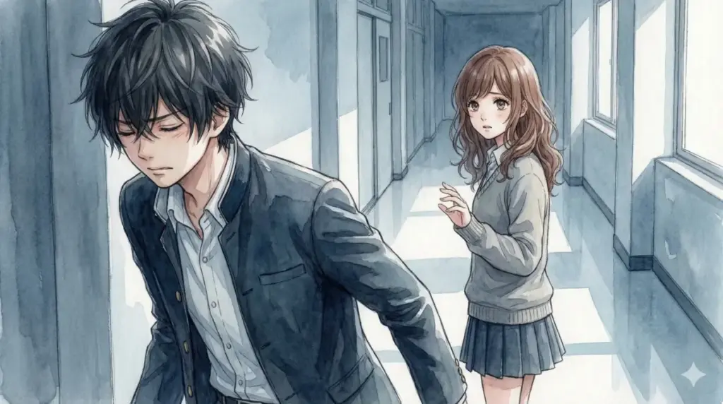 学校の廊下で有馬かなを避けて立ち去るアクアと背後から悲しげな表情で手を伸ばすかなの図