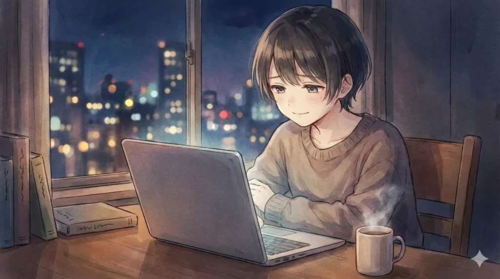 避ける理由や愛のパラドックスといった物語の中盤展開を深夜にPCで真剣に読み耽る様子