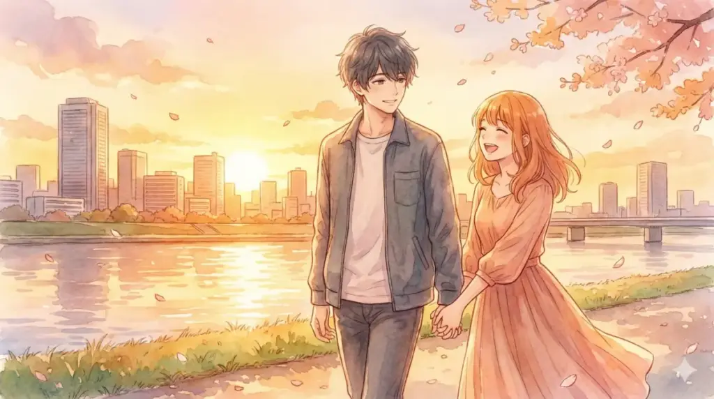 夕暮れの川沿いを笑顔で手をつなぎ歩くアクアと有馬かなの叶わなかった幸せなIFの世界