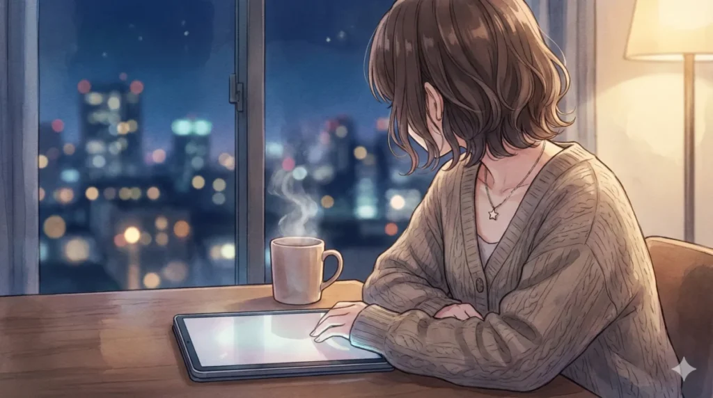 結ばれなかった初恋や愛の尊さを綴るまとめ部分をタブレットで感慨深く閲覧する情景