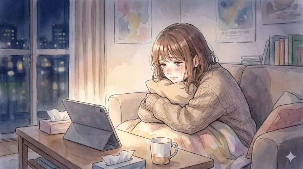 物語の山場となる葬儀での衝撃的な別れと涙のシーンをタブレットで悲痛に視聴する様子