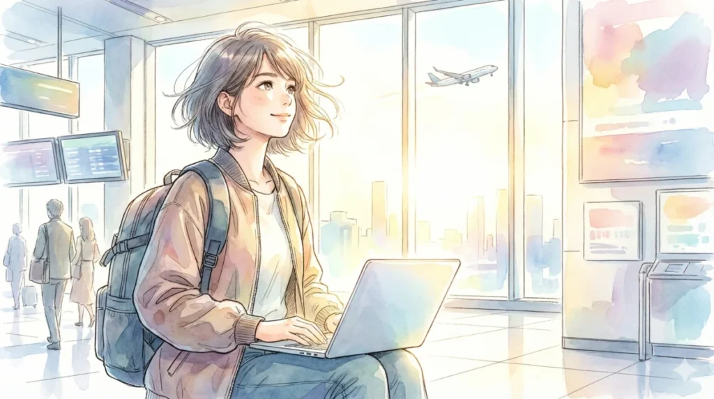 喪失を乗り越え光の中へ踏み出すキャラクターの強さを空港でPCを見ながら感じる情景