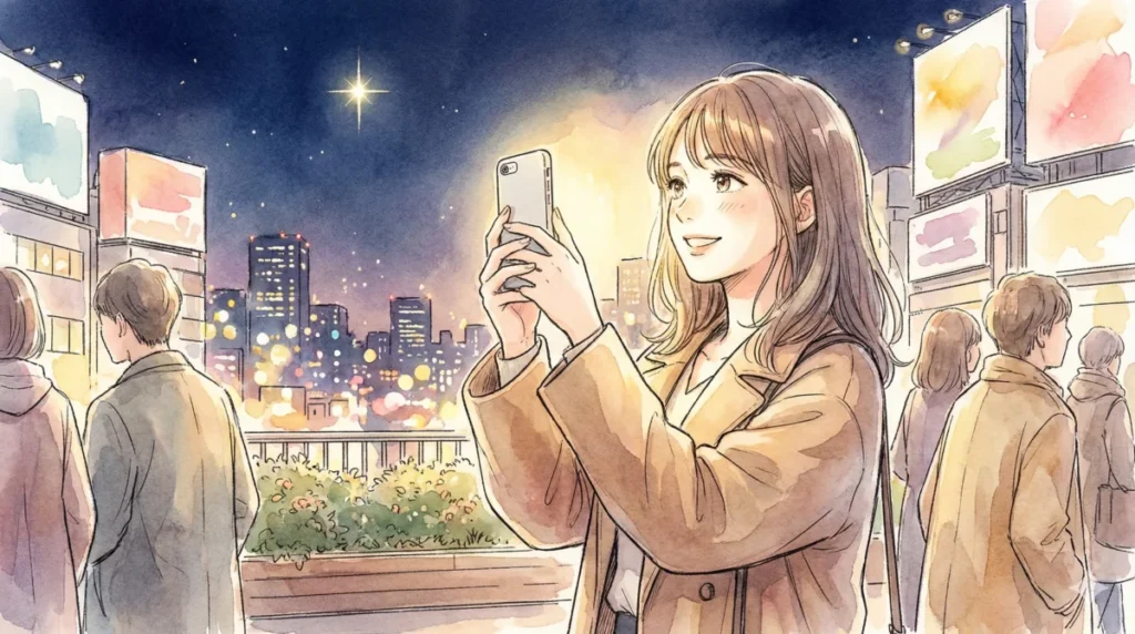 夢を叶え一番星として輝き続ける大女優の生存と成功を夜の街でスマホ越しに祝福する姿