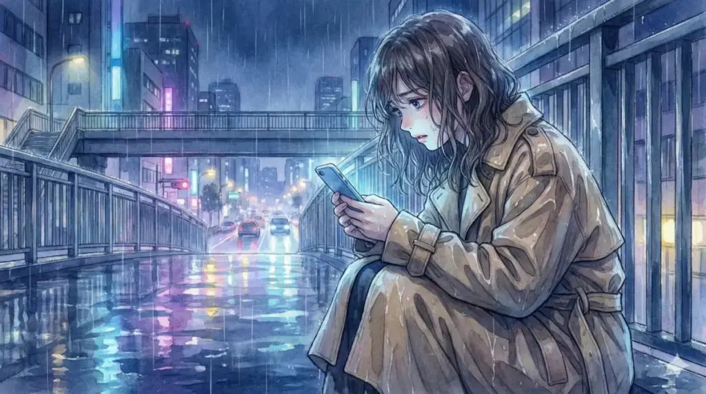 雨の歩道橋でスマホを見つめ誰にも必要とされない孤独と焦りに震える有馬かなの弱さ