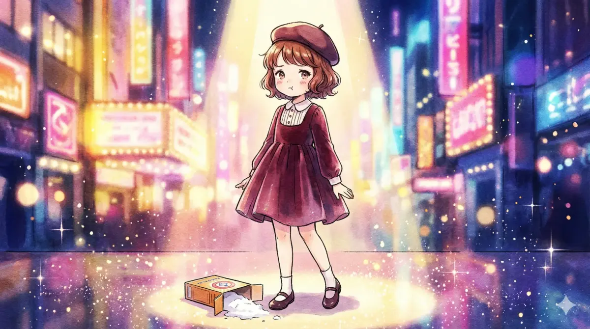 ネオン輝く街中で重曹の箱を落とし立ち尽くす天才子役時代の有馬かなを描いたアイキャッチ