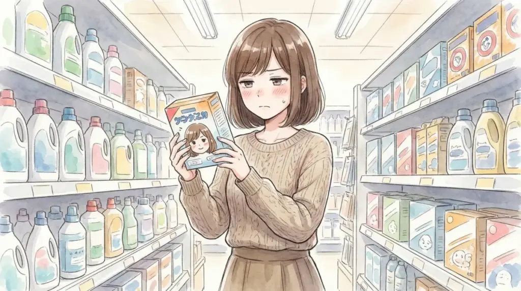 スーパーの洗剤売り場でコラボ商品「重曹ちゃん」のパッケージを複雑な表情で見つめる有馬かな