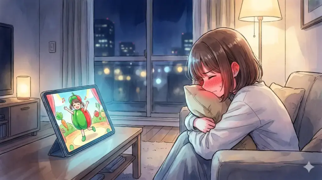 自室でピーマン体操を踊る幼少期の黒歴史映像をタブレットで見て顔を赤らめ悶絶する有馬かな