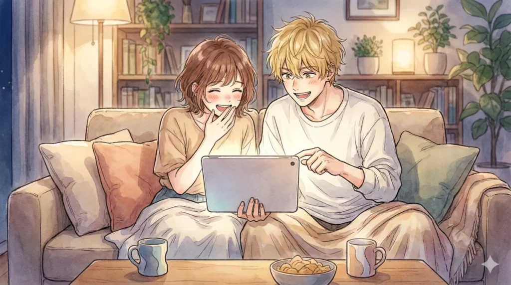 伝説のピーマン体操や天才子役時代の栄光と挫折についてタブレットで楽しそうに共有する男女