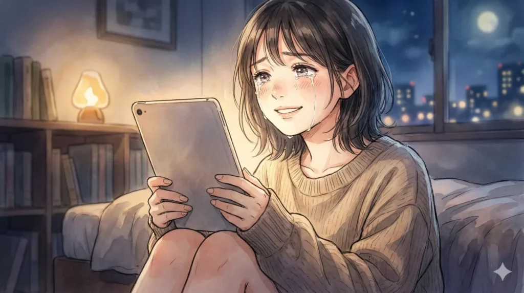 アンタの推しの子になってやるという覚醒シーンに感動し涙を流しながらタブレットを見る女性