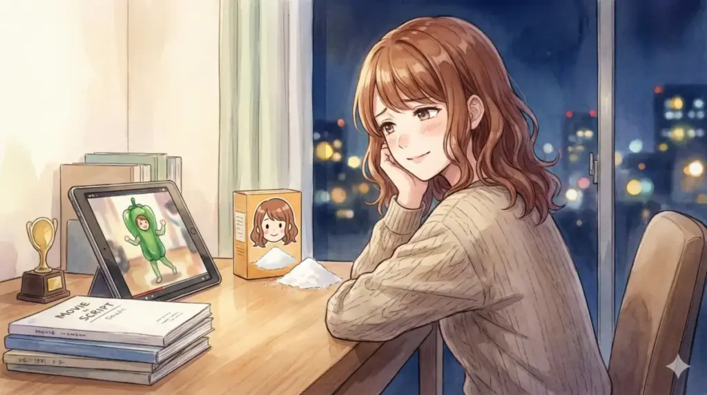 夜景を背にタブレットのピーマン体操とコラボ重曹を横目に女優への決意を固め微笑む有馬かな