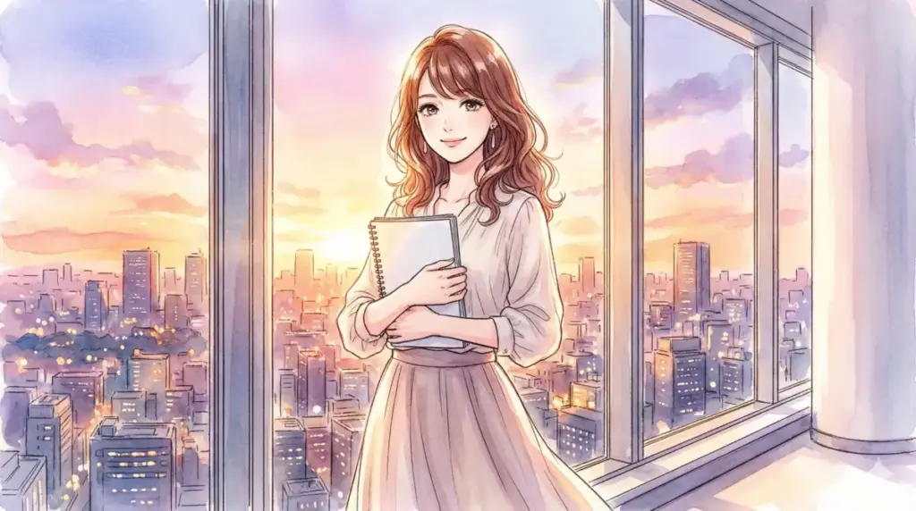 アイドルを卒業し台本を抱え都会の夕景をバックに実力派女優として自信に満ちて佇む有馬かな