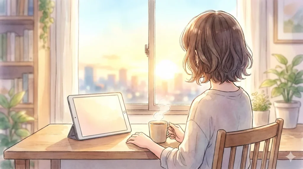 不憫だからこそ輝く有馬かなの魅力や未来への期待をまとめた記事を朝日を浴びて閲覧する女性