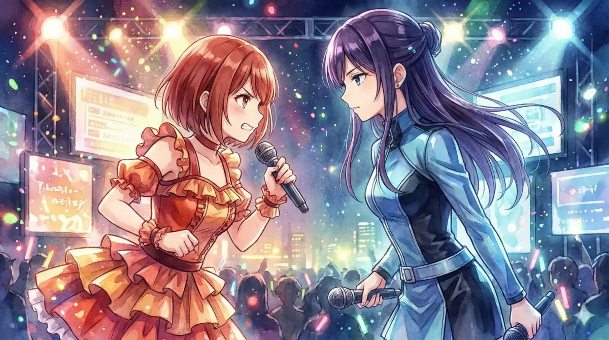 有馬かなと黒川あかねがマイクを手にステージで火花を散らすヒロインレースの幕開け