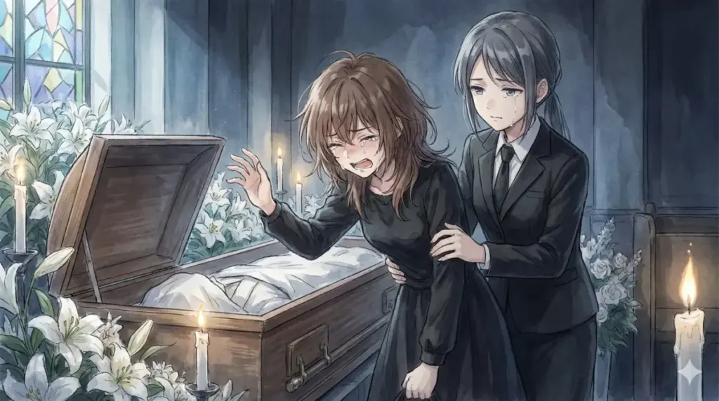 アクアの葬儀で泣き叫び遺体に縋る有馬かなと彼女を静かに支え見送る黒川あかねの対比