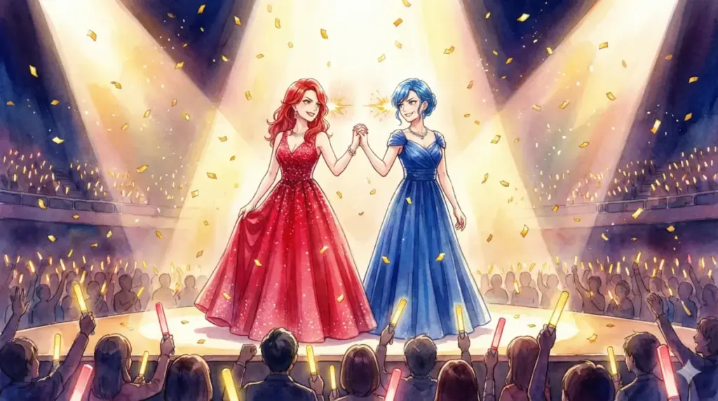 煌びやかなステージで手を繋ぎ大歓声に応える魂のライバル、有馬かなと黒川あかね