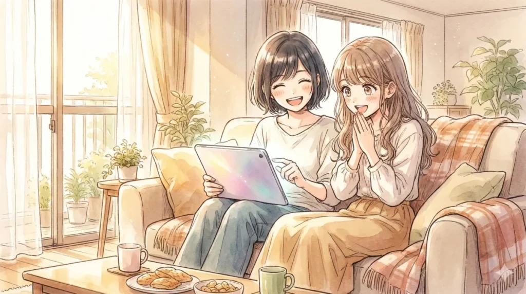 アビ子先生と重曹ちゃんの尊いタッグやメイヤさんの名言に癒やされる場面を、日差しの中で楽しむ二人の女性