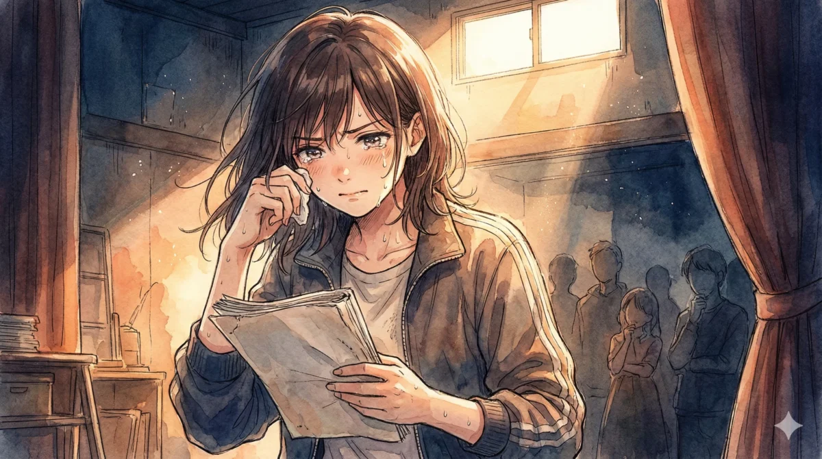 稽古場で台本を手に涙を流しながらも執念の演技を見せる黒川あかねの泥臭いヒロインの姿