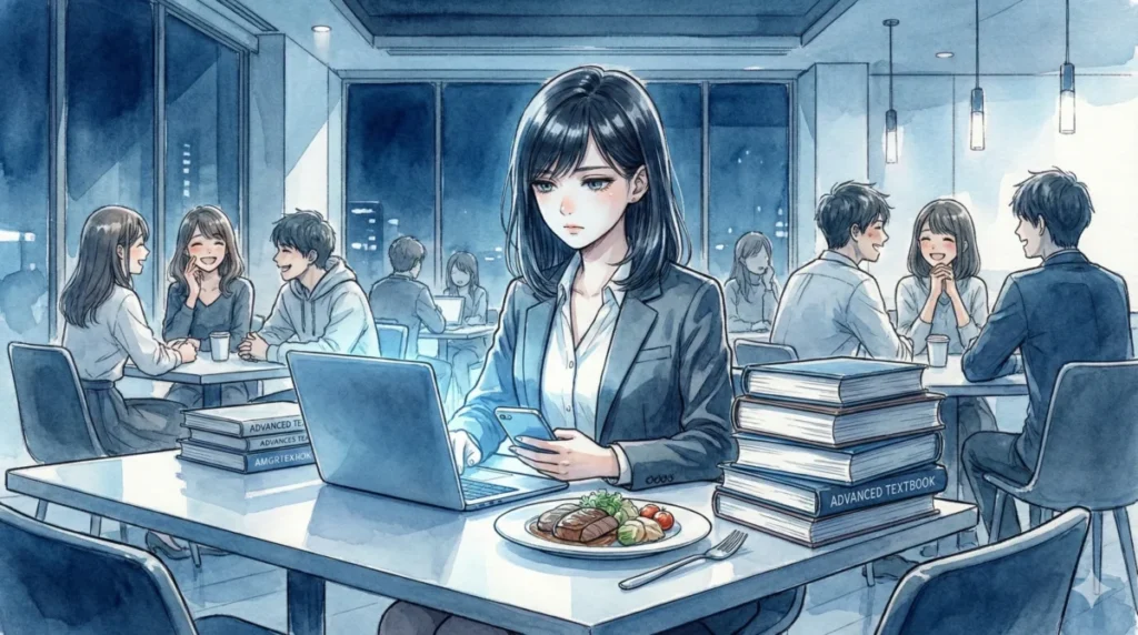 都会のレストランでパソコンと大量の参考書を前に星野アイを完コピしようと苦悩するあかね
