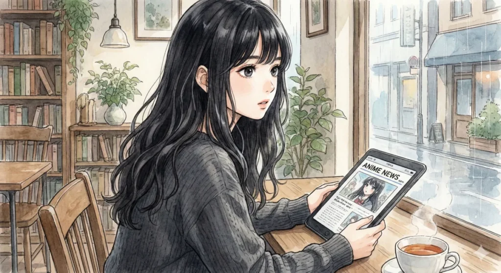 カフェの窓際で、黒川あかねが初期に不評だった理由や完璧すぎるスペックへの反発についてタブレットで読む女の子