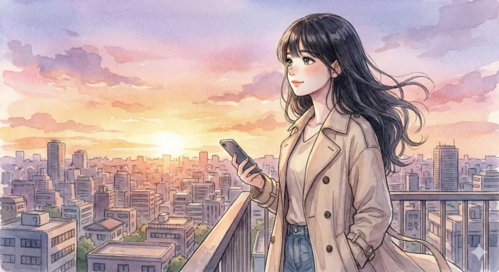 夕暮れの街並みを背に、あかねが「嫌い」を「好き」に変える天才であるという記事のまとめをスマホで微笑みながら読む女の子