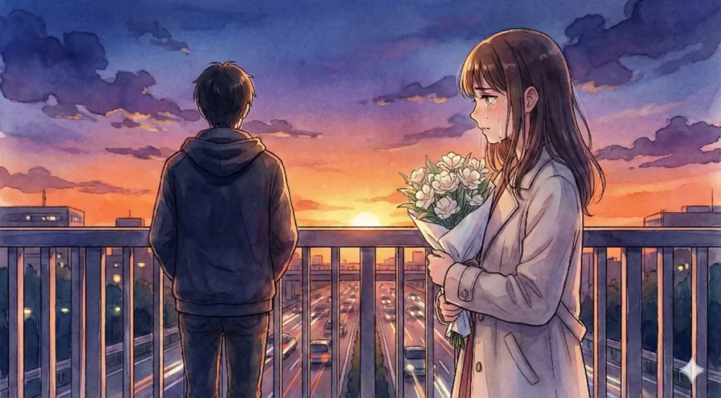 復讐へ向かうアクアを救えず歩道橋で涙を流し白い花束にナイフを隠し持つ黒川あかね