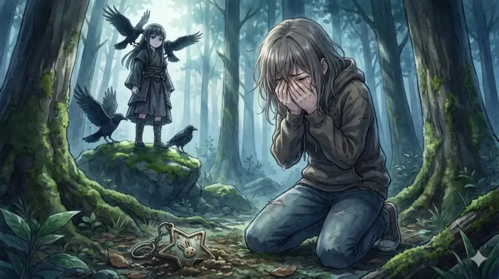 高千穂の森でゴローの遺体を発見し絶望するルビーと真実を告げる謎の少女ツクヨミを描く衝撃シーン