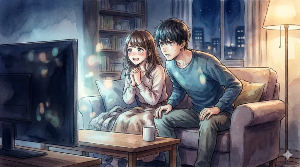 ルビーの目に宿った黒い星が意味する復讐への覚醒について、リビングでテレビを凝視する男女