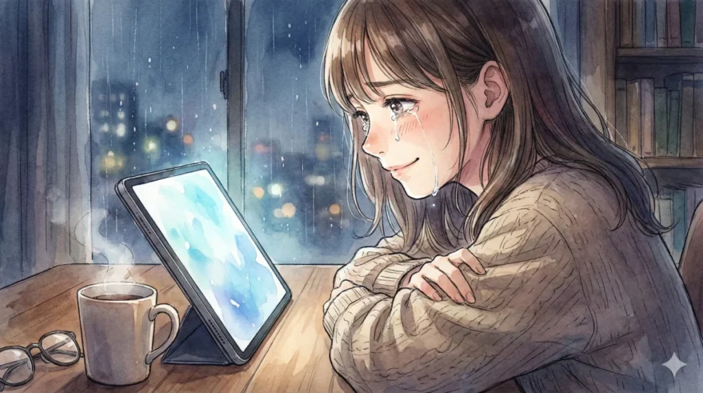 計算高く変貌したルビーの覚悟と周囲の評価を、夜の自室でタブレットを手に複雑な表情で追う女性