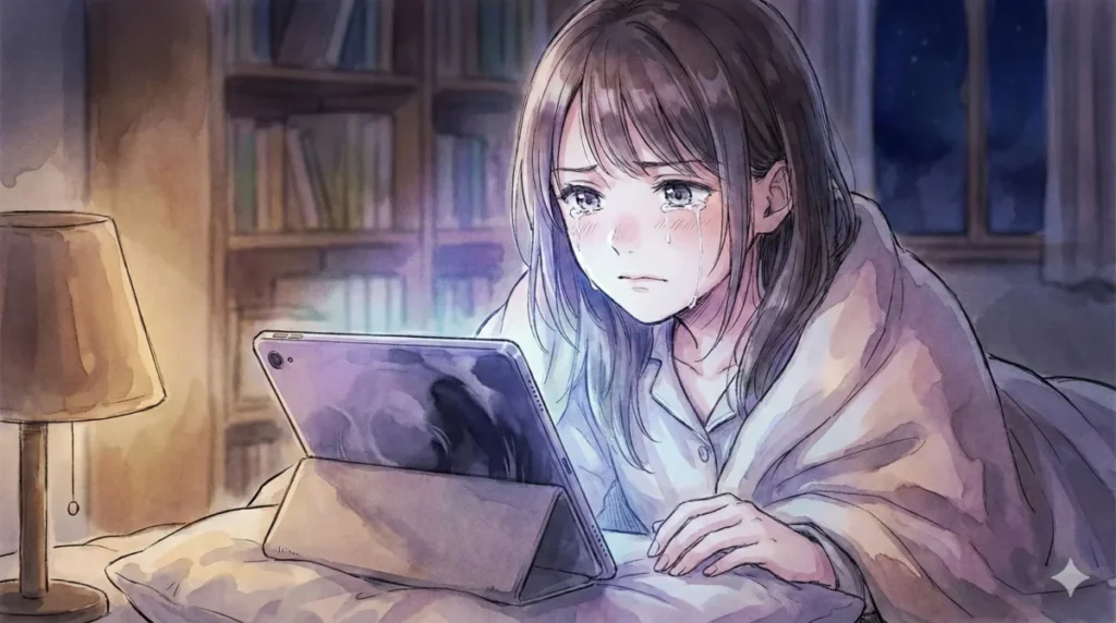 復讐を誓うルビーの未来への考察まとめを、ベッドの上で涙を浮かべながらタブレットで読む女性