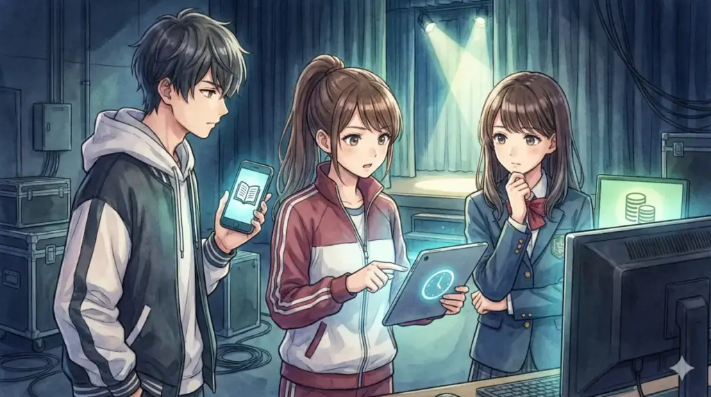 ABEMAやU-NEXTなど主要5サービスの配信時間や無料期間を比較する制作スタッフ