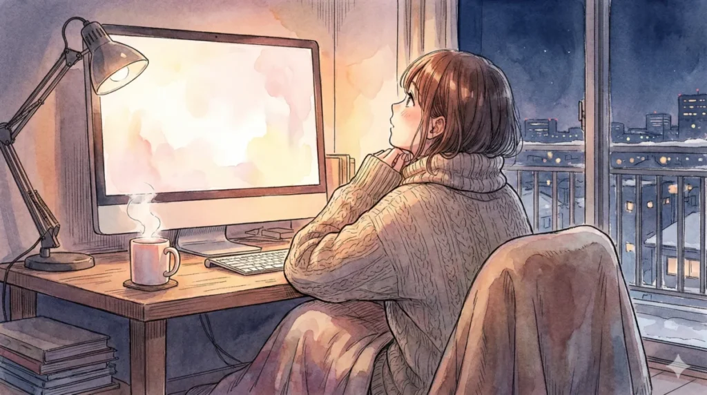 推しの子3期の最速配信日や無料体験での視聴方法をPCで最終確認しながら配信を待つ女性の風景