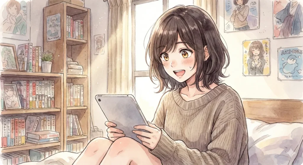 鈴音コミミの中の人である吉住未実のプロフィールやビジュアルの解説を自室で楽しむ女性